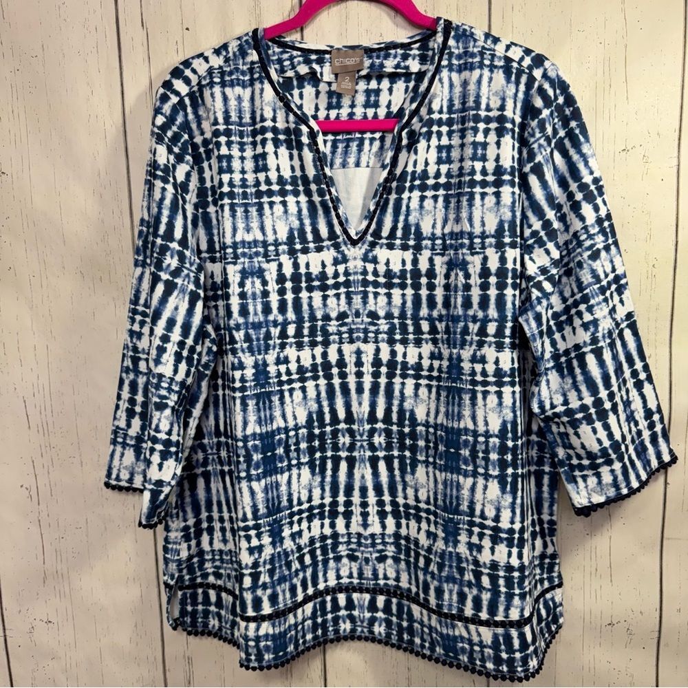Chicos Womens Boho Tie Dye Tunic Top Navy White Coastal Resortwear Artsy Beachy